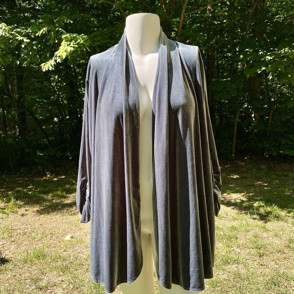 Susan Graver Open Front Cardigan Stretch Velvet Ruched 3/4 Sleeve Size 3X Gray
